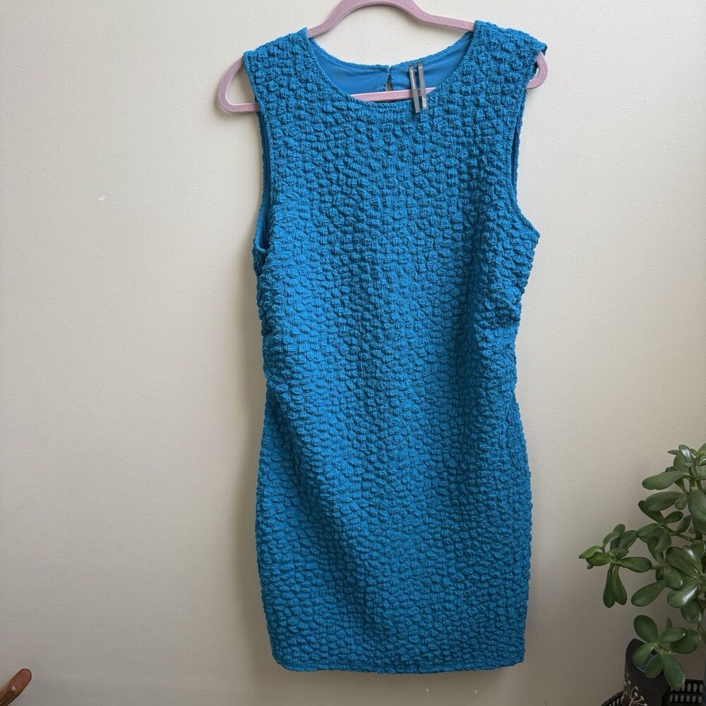 Anthropologie Textured Popcorn Dress Blue Sleeveless Body Con Ruched Size XL